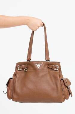 Prada Brown Vitello Daino Leather Side Pocket Tote Bag